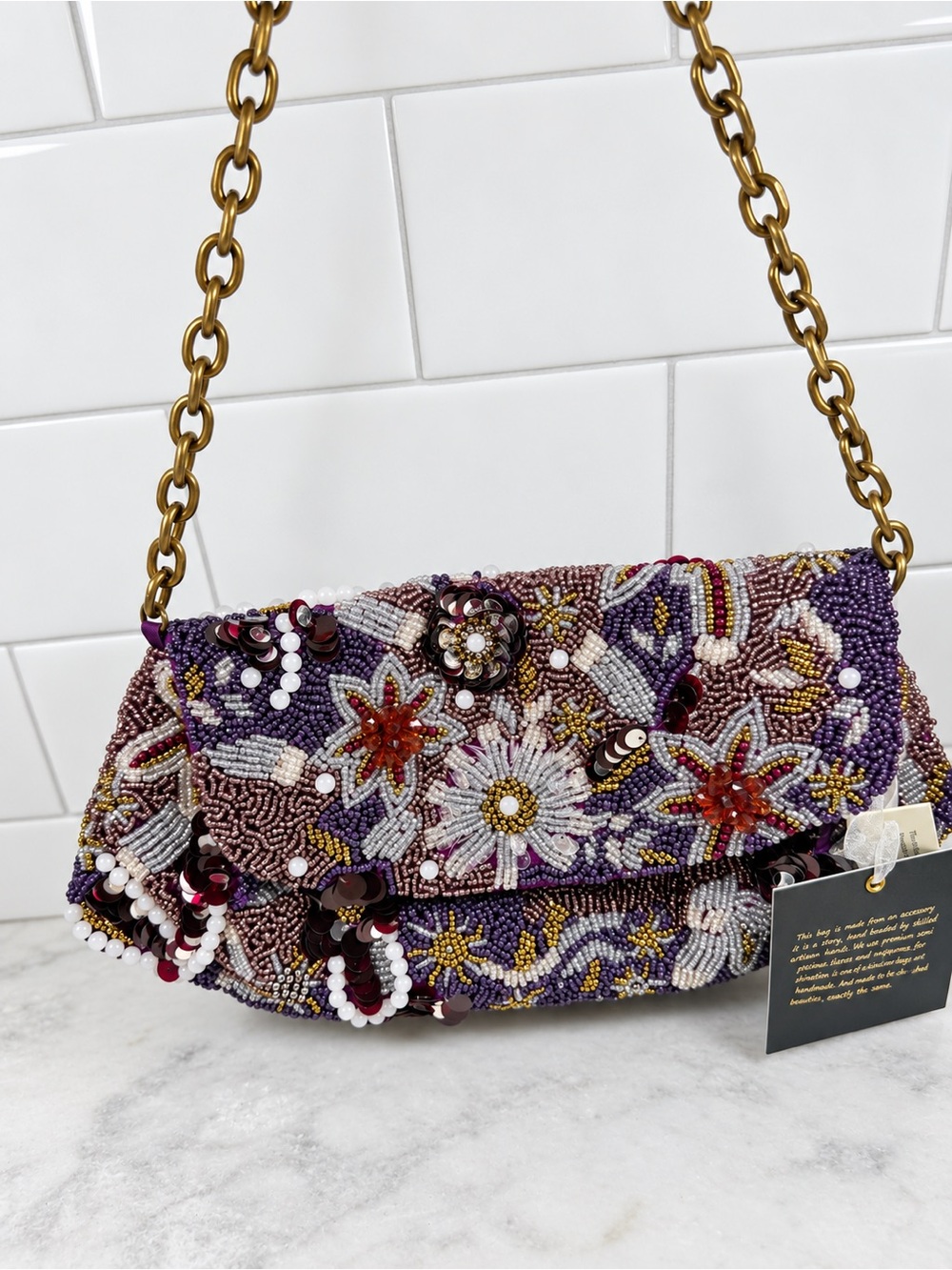 Made In India Beaded Purple Floral Sequin Purse Gold Chain Shoulder Bag NWT